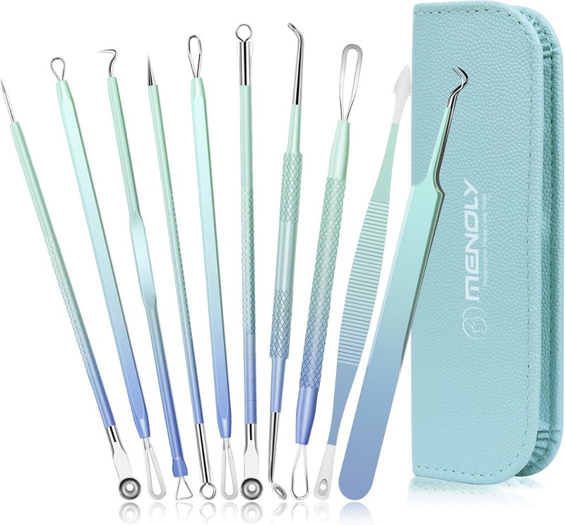 MENOLY Blackhead Remover Tools 10Pcs Pimple Popper Tool Kit, Blackhead Remover Extractor Tools, Pimple Comedone Extractor Acne Kit for Blackhead,Blemish,Zit Whitehead with Leather Bag - Image 1